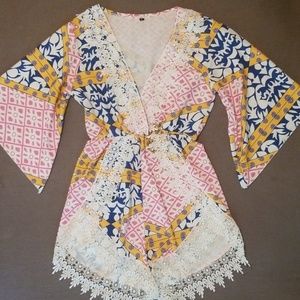 Lace trim, patterned romper